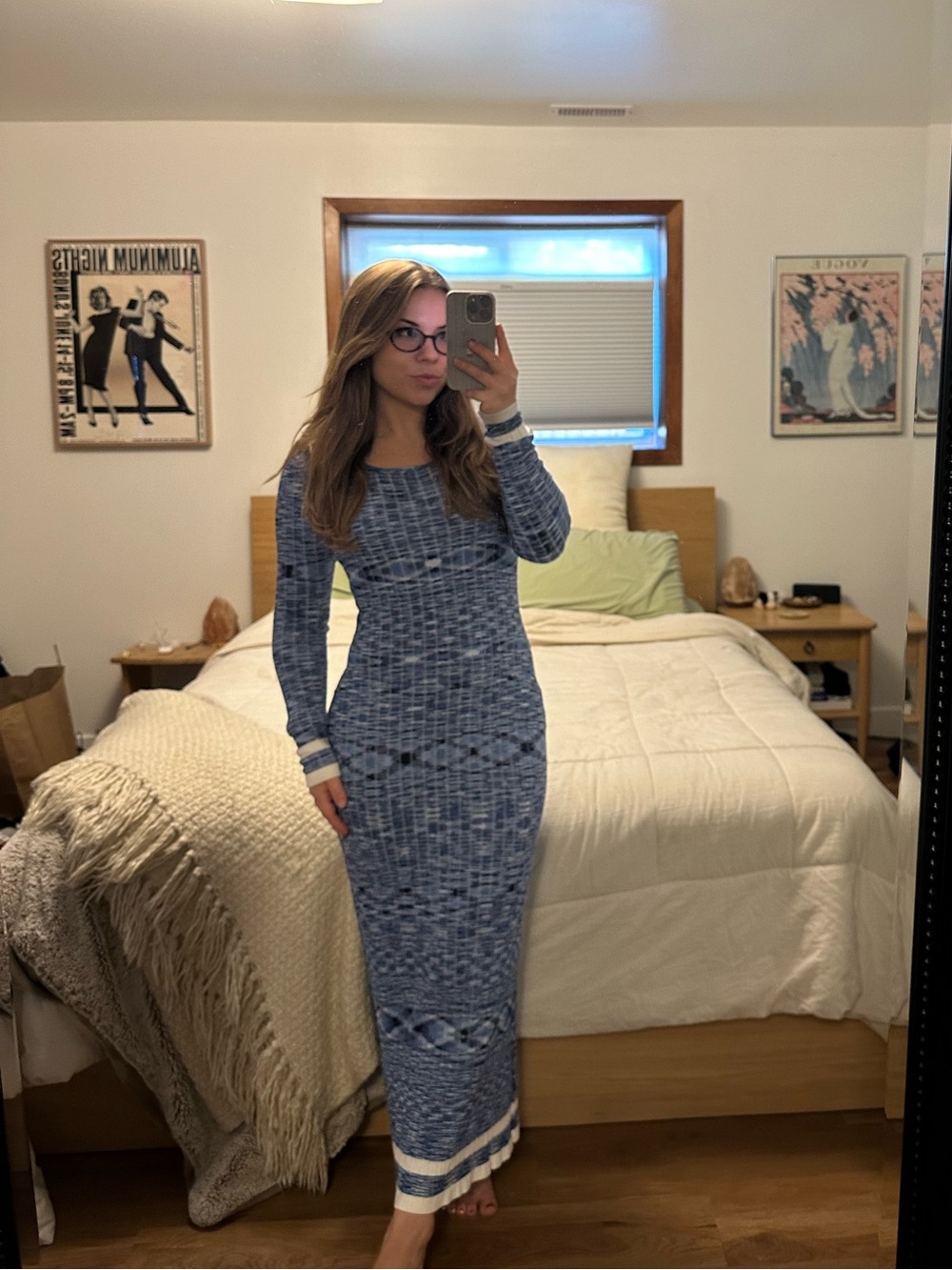 Blue Textured Knit Long-Sleeve Maxi Dress